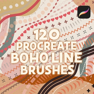Op de afbeelding: 120 Procreate Boho-lijnpenselen. Een digitale illustratie van een kleurrijk abstract patroon met een Procreate-logo rechtsboven. De tekst "120 Procreate Boho-lijnpenselen" staat in het midden van de afbeelding.