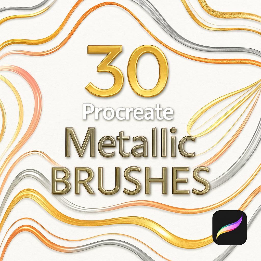 30 pinceles metálicos para Procreate — Oro, Plata, Cromo y set de texturas foil