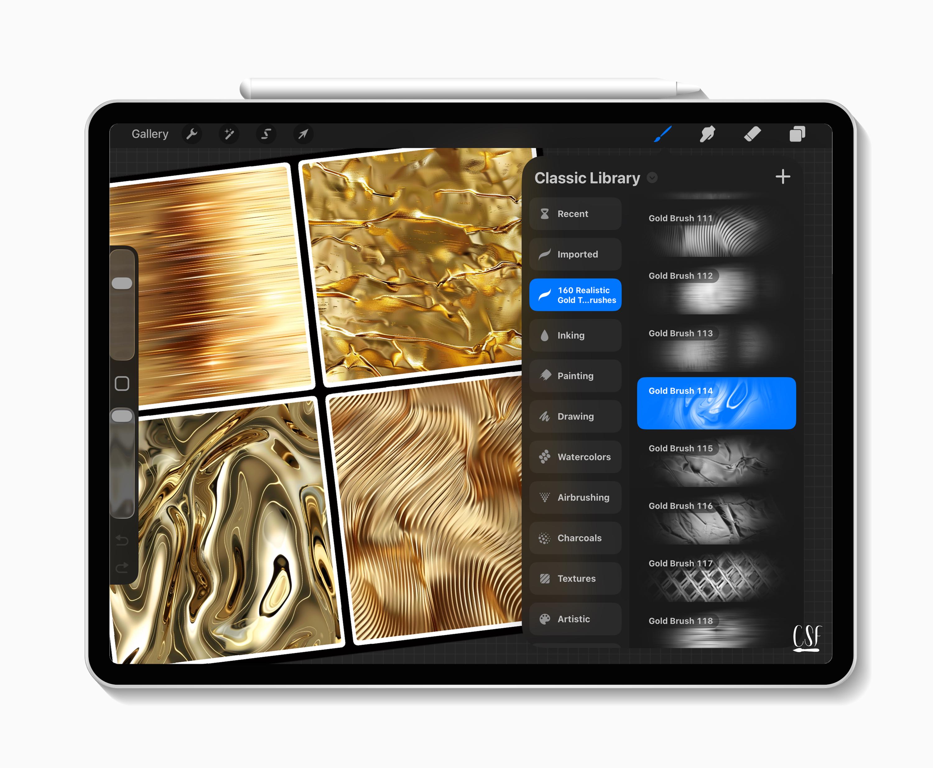 160 Procreate Realistic Gold Texture Brushes for Shiny Metallic Effects ...