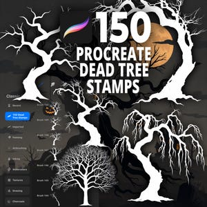 Könnte beinhalten: Eine digitale Sammlung von 150 Procreate-Stempeln mit toten Bäumen, die verschiedene weiße Baum-Silhouetten vor einem dunklen Hintergrund zeigen. Die Benutzeroberfläche zeigt eine Liste von Pinseloptionen, einschließlich eines Kürbis-Symbols.