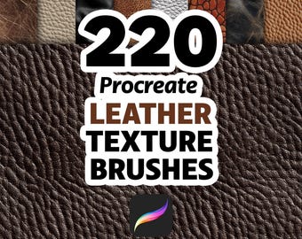 May include: An image showcasing a variety of leather textures in different colors, with a central graphic that reads "220 Procreate LEATHER TEXTURE BRUSHES." The Procreate logo is visible at the bottom. The image is designed for digital artists.