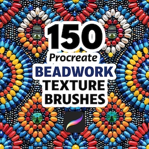 May include: A digital art graphic with a beadwork texture design. The image features a colorful pattern of beads in red, blue, yellow, and orange. Text overlay reads "150 Procreate Beadwork Texture Brushes" with the Procreate app logo.