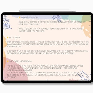 May include: A digital product information sheet with a pink, peach, and blue background. The text on the sheet explains how to download and use digital brushes for the Procreate app. The text also includes important information about the product, such as the fact that it is a digital product and that it is not refundable.