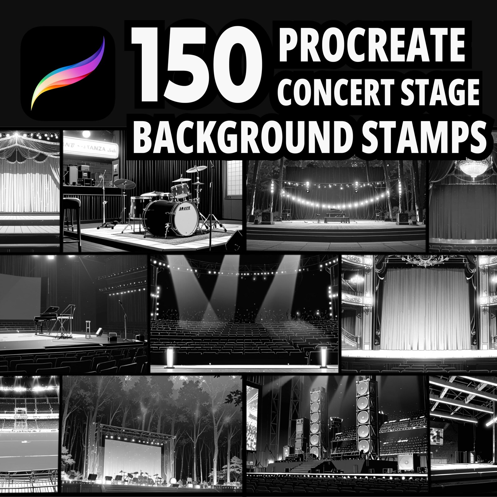150 Procreate Concert Stage Background Stamps, Music Venue Scenes, Live ...