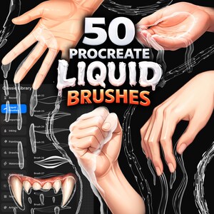 May include: Digital art graphic with the text "50 PROCREATE LIQUID BRUSHES" in white and orange. The image features illustrations of hands and liquid effects, with a dark background and a menu on the left side.