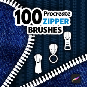 May include: Digital art graphic featuring the text "100 Procreate ZIPPER BRUSHES" in white and blue. The background is a denim texture with white zipper teeth. Three white zipper designs are displayed.