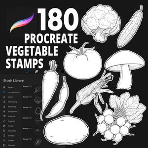 Peut inclure: Ensemble de 180 tampons de légumes Procreate en noir et blanc. L'image présente des illustrations de légumes, dont un chou-fleur, un concombre, une tomate, un champignon, du maïs, des radis, une carotte et une pomme de terre. Le texte dit "Tampons de légumes Procreate."