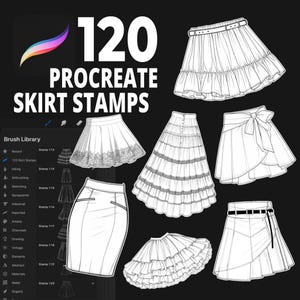 Könnte beinhalten: Ein Bild mit 120 Procreate-Rock-Stempeln. Das Bild zeigt verschiedene Rock-Designs, darunter plissierte, gerüschte und Wickel-Stile. Der Text "120 PROCREATE SKIRT STAMPS" ist deutlich sichtbar, zusammen mit einem Pinselbibliotheksmenü.