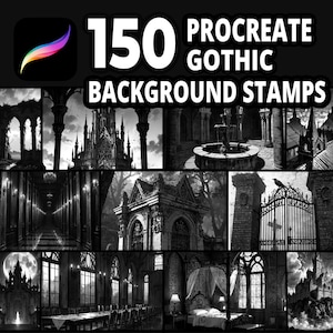 Może przedstawiać: Produkt sztuki cyfrowej z 150 gotyckimi stemplami tła Procreate. Obraz przedstawia siatkę czarno-białych ilustracji gotyckiej architektury, w tym zamków, łuków i scen wnętrz, z logo Procreate w lewym górnym rogu.