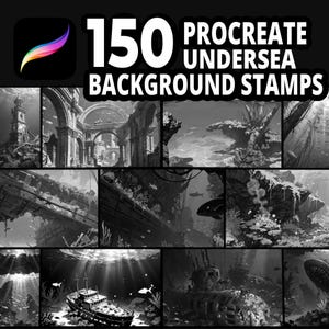 Könnte beinhalten: Ein digitales Kunstprodukt mit 150 Procreate Unterwasser-Hintergrundstempeln. Das Bild zeigt Graustufen-Illustrationen von Unterwasserszenen, darunter Schiffswracks, Ruinen und Meereslebewesen. Das Procreate-Logo ist oben links sichtbar.