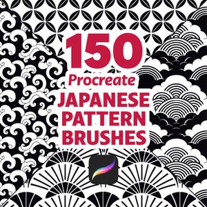 以下が含まれることがあります： Procreateの150個の日本のパターンブラシを特徴とするデジタルアートグラフィック。画像には、波、雲、幾何学模様など、さまざまな白黒の日本のパターンが表示されています。「150 Procreate Japanese Pattern Brushes」というテキストは赤色です。