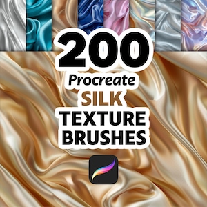Könnte beinhalten: Digitales Kunstprodukt mit 200 Procreate-Seidenstrukturpinseln. Das Bild zeigt eine Vielzahl von Seidenstrukturen in Gold-, Blau-, Rosa- und Silbertönen. Das Produktlogo ist ebenfalls sichtbar.