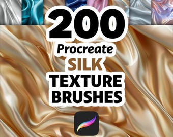 May include: Digital art product featuring 200 Procreate silk texture brushes. The image showcases a variety of silk textures in shades of gold, blue, pink, and silver. The product logo is also visible.