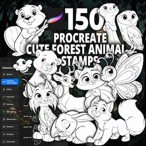 May include: A digital collection of 150 Procreate cute forest animal stamps featuring black and white line art illustrations of a beaver, owl, bee, deer, raccoon, butterfly, lynx, rabbit, and fox, with a Procreate app interface sidebar.
