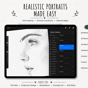 May include: Digital art tutorial on a tablet, showing a pencil drawing of a woman's face. The screen displays a brush library and the text "REALISTIC PORTRAITS MADE EASY". Includes pencils for shading and blending. Perfect for portraits, character design, and illustrations.