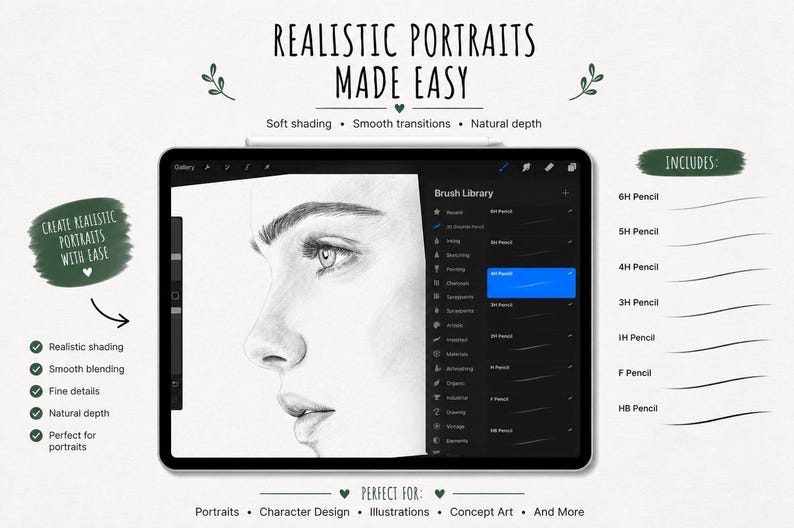 May include: Digital art tutorial on a tablet, showing a pencil drawing of a woman's face. The screen displays a brush library and the text "REALISTIC PORTRAITS MADE EASY". Includes pencils for shading and blending. Perfect for portraits, character design, and illustrations.