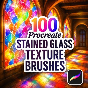 Może przedstawiać: Obraz produktu sztuki cyfrowej. Przedstawia kolorowy witraż z gamą odcieni. Tekst brzmi "100 Procreate STAINED GLASS TEXTURE BRUSHES". Ikona aplikacji Procreate znajduje się w prawym dolnym rogu.