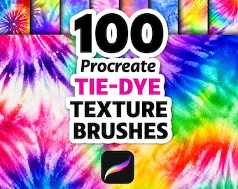 Op de afbeelding: Een levendige digitale kunstafbeelding met veelkleurige tie-dye texturen. De afbeelding toont de tekst "100 Procreate TIE-DYE TEXTURE BRUSHES" met het Procreate app-logo. De achtergrond is gevuld met kleurrijke tie-dye patronen.