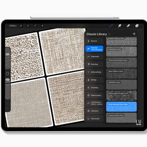 以下が含まれることがあります： ソフトウェアインターフェースとClassic Libraryメニューが表示されたデジタルタブレット画面。メニューには、Basket Weave、Chambray、Textured Garment、Open Weave、Sailcloth、Distressed Vintage、Luxury Hotelなどのリネンブラシオプションがリストされています。
