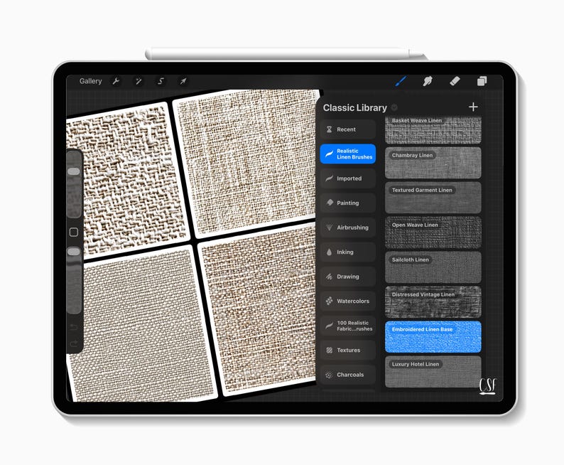 以下が含まれることがあります： ソフトウェアインターフェースとClassic Libraryメニューが表示されたデジタルタブレット画面。メニューには、Basket Weave、Chambray、Textured Garment、Open Weave、Sailcloth、Distressed Vintage、Luxury Hotelなどのリネンブラシオプションがリストされています。
