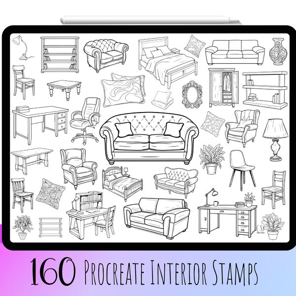 160 Procreate Interior Furniture Stamp Brushes, Procreate Interior Design, Procreate Home,Bed Sketch, Sofa Sketch, Table Sketch,Chair Sketch