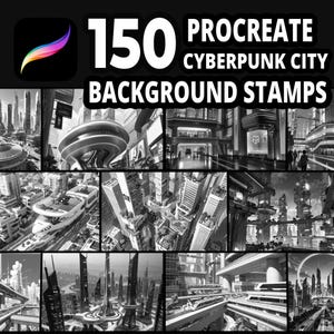 Puede incluir: Imagen de arte digital en blanco y negro que presenta 150 sellos de fondo Procreate Cyberpunk City. La imagen muestra varios paisajes urbanos futuristas con rascacielos y diseños arquitectónicos. El logotipo de Procreate es visible.