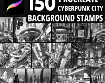 150 Procreate Cyberpunk City Background Stamps for Futuristic Urban Art, Sci-Fi Concept Design and Digital Illustration Projects