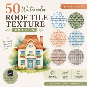 Op de afbeelding: Advertentie voor digitale kunstpenselen. De afbeelding toont een aquarelillustratie van een huis met een rood dak, samen met voorbeelden van daktegeltexturen in verschillende kleuren. Tekst omvat "50 Watercolor Roof Tile Texture Brushes" en "Procreate Brushes."