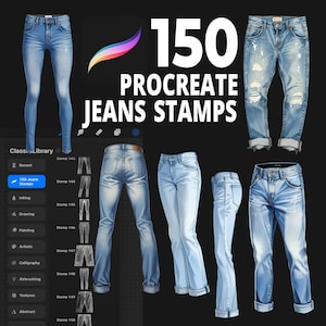 May include: Digital art showcasing various styles of blue jeans, including skinny, bootcut, and distressed designs. The image features the text "150 Procreate Jeans Stamps" and a Procreate app logo, ideal for digital artists.
