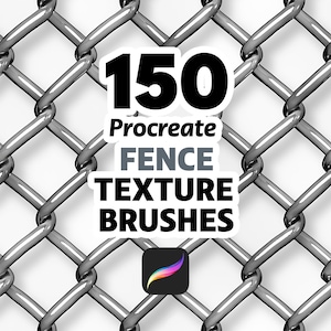 Puede incluir: Gráfico de arte digital con una textura de valla de alambre. La imagen incluye el texto "150 Procreate FENCE TEXTURE BRUSHES" y el icono de la aplicación Procreate. La valla es de color gris metálico.