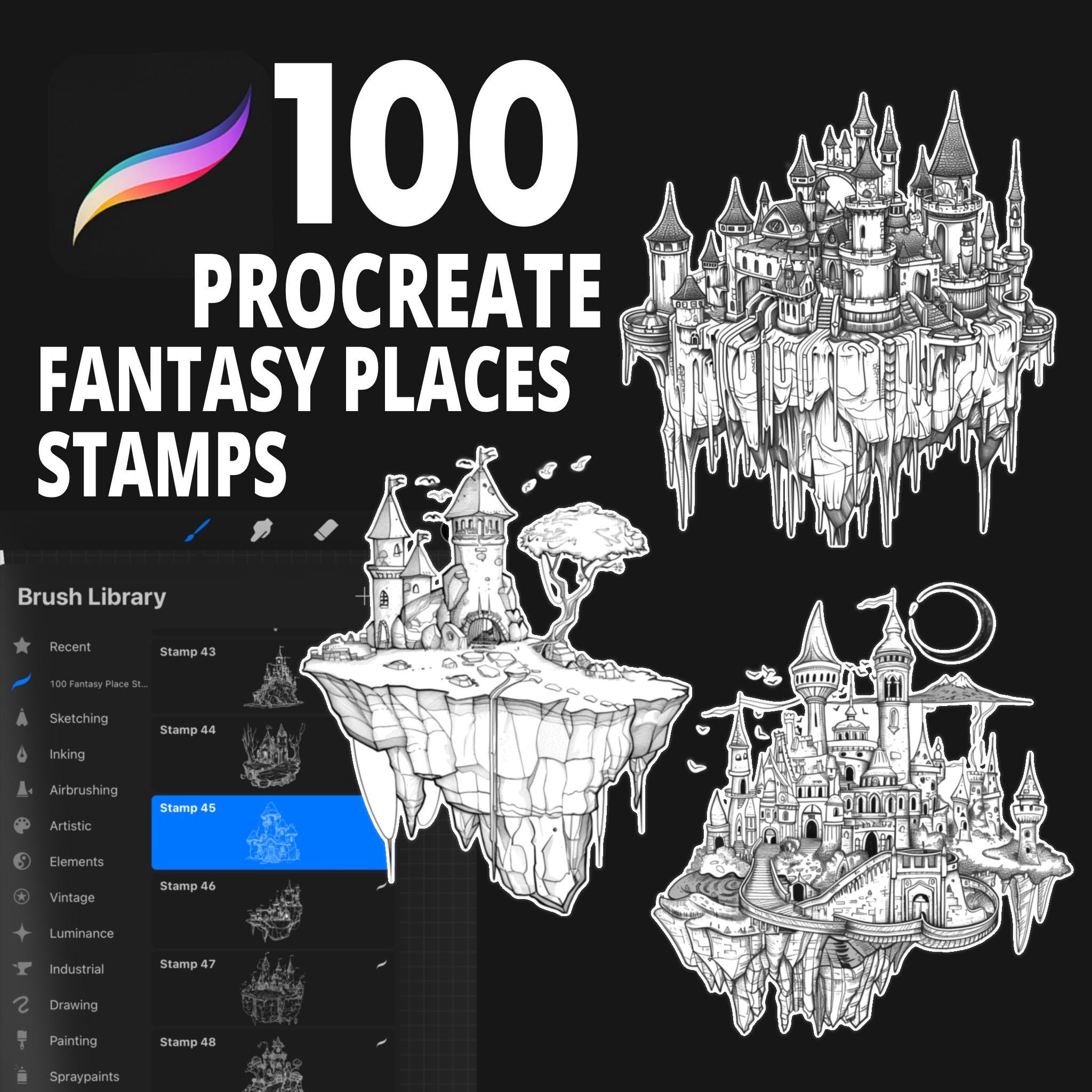 100 Procreate Fantasy Place Stamp Brushes, Fantasy Procreate, Tale ...