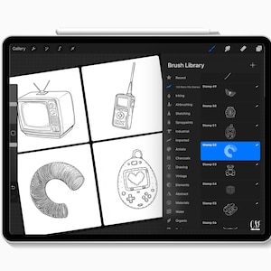 May include: A digital illustration displayed on a tablet, featuring a retro TV, walkie-talkie, a spring, and a handheld game console. The tablet's screen shows a "Brush Library" with various stamp options. A stylus is placed on top.