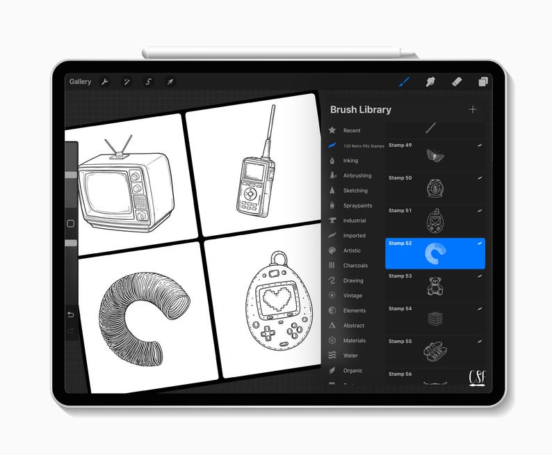 May include: A digital illustration displayed on a tablet, featuring a retro TV, walkie-talkie, a spring, and a handheld game console. The tablet's screen shows a "Brush Library" with various stamp options. A stylus is placed on top.