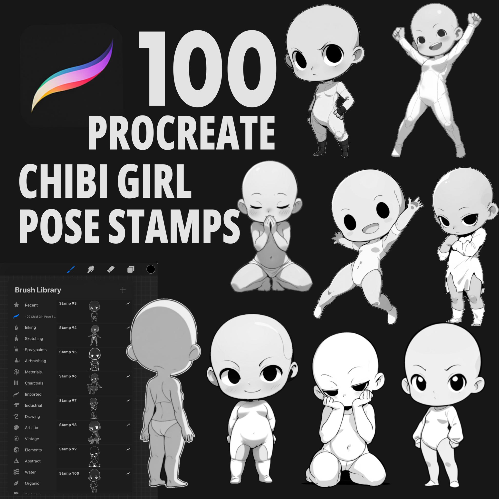 100 sellos de poses chibi de chica para Procreate – Pinceles de poses de anime lindo, bases kawaii para manga y webcómics