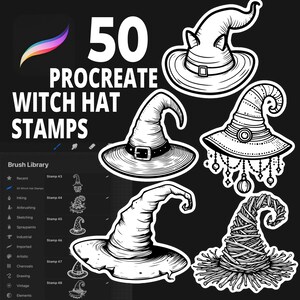 Könnte beinhalten: Eine digitale Sammlung von 50 Procreate-Hexenhut-Stempeln mit verschiedenen schwarz-weißen Strichzeichnungen. Das Bild zeigt fünf verschiedene Hutstile, darunter einen mit Katzenohren, einen mit hängenden Anhängern und einen mit Strohstruktur.