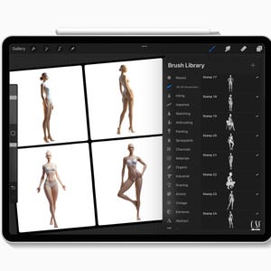 May include: A digital tablet screen displaying a brush library with various categories, including Recent, Imported, Sketching, Airbrushing, Painting, Spraypaints, Charcoal, Organic, Materials, Industrial, Drawing, Vintage, Artistic, Elements, and Abstract. The screen also shows four images of a 3D model of a woman in different poses.