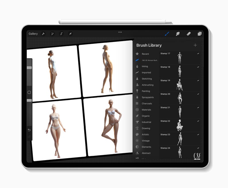 May include: A digital tablet screen displaying a brush library with various categories, including Recent, Imported, Sketching, Airbrushing, Painting, Spraypaints, Charcoal, Organic, Materials, Industrial, Drawing, Vintage, Artistic, Elements, and Abstract. The screen also shows four images of a 3D model of a woman in different poses.