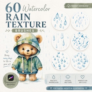 May include: Digital art set featuring 60 watercolor rain texture brushes. The image includes a teddy bear wearing a blue and green raincoat and hood. The text reads "Bring rainy days to life in your art."