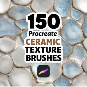 Puede incluir: Pinceles de arte digital para Procreate. La imagen muestra un fondo de baldosas de cerámica azul claro y blancas con ribete dorado. El texto dice "150 Procreate Ceramic Texture Brushes" con el logotipo de la aplicación Procreate.