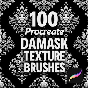 May include: 100 Procreate Damask Texture Brushes. A black and white image with a Procreate logo and the text "100 Procreate Damask Texture Brushes". The background is a repeating pattern of damask.