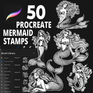 50 Procreate Mermaid Stamp Brushes, Fantasy Stamps, Procreate Mermaid, Mermaid Tattoo, Procreate Character, Procreate Drawing