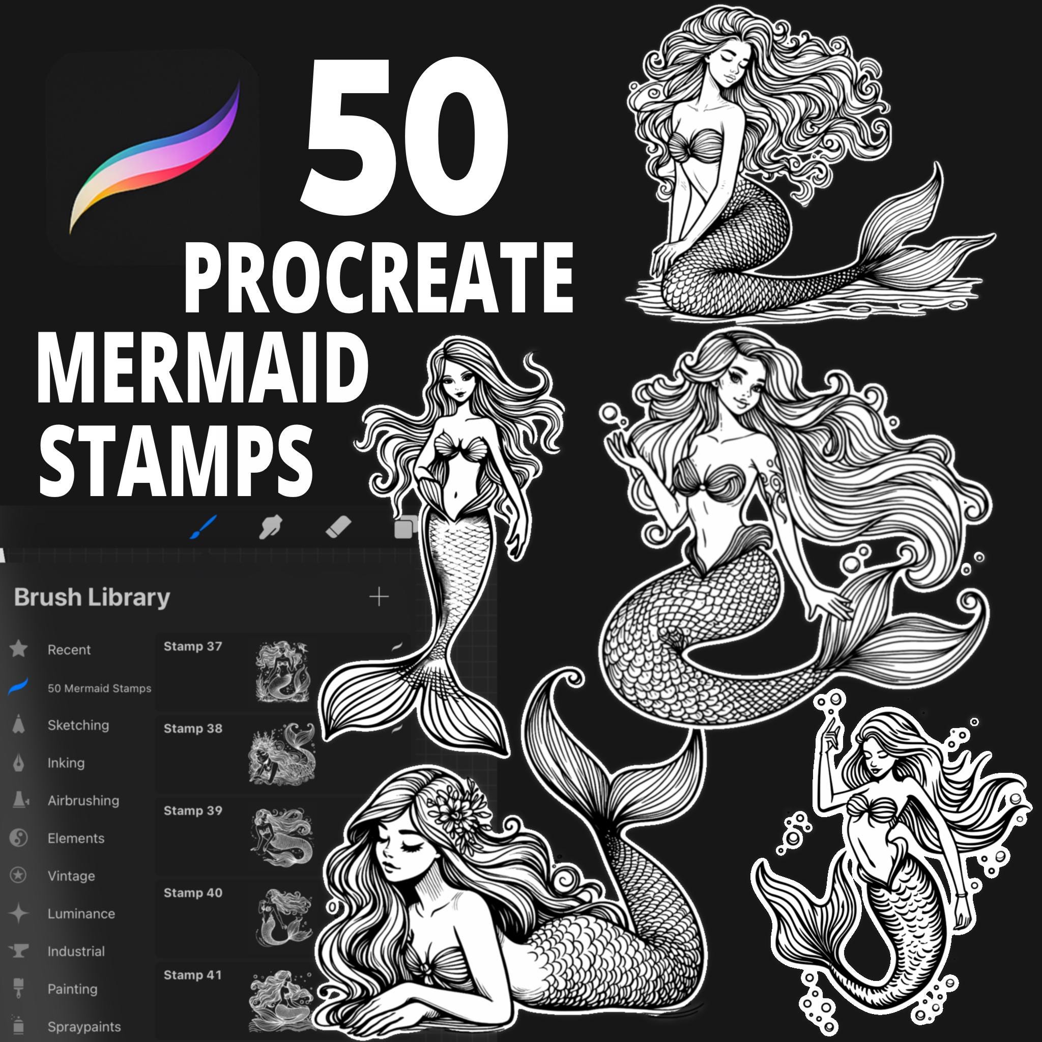50 Procreate Mermaid Stamp Brushes, Fantasy Stamps, Procreate Mermaid, Mermaid Tattoo, Procreate Character, Procreate Drawing