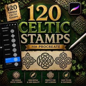 Op de afbeelding: Digitaal kunstproduct met 120 Keltische stempels voor Procreate. De afbeelding toont een tablet met stempelvoorbeelden, een stylus en de tekst "120 Celtic Stamps". Het ontwerp bevat Keltische knoopmotieven en iconen voor kunst en design.