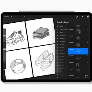 May include: A digital tablet displaying a digital art program interface. The screen shows a grid of sketches, including a sneaker, a stack of papers, a ring, and slip-on shoes. The program's brush library is visible on the right.