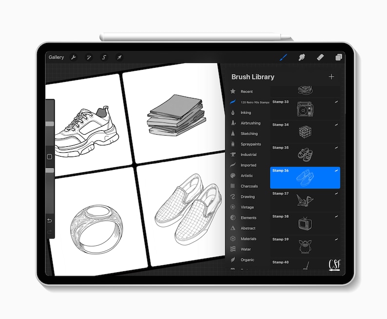 May include: A digital tablet displaying a digital art program interface. The screen shows a grid of sketches, including a sneaker, a stack of papers, a ring, and slip-on shoes. The program's brush library is visible on the right.