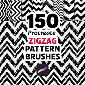 Puede incluir: Un producto de arte digital con 150 pinceles de patrones en zigzag para Procreate. La imagen muestra una variedad de diseños en zigzag en blanco y negro, con el título del producto en un lugar destacado. También es visible el icono de la aplicación Procreate.