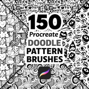 May include: A digital art graphic featuring the text "150 Procreate Doodle Pattern Brushes" in black and gray. The image is divided into four sections with black and white doodle patterns and the Procreate app logo.
