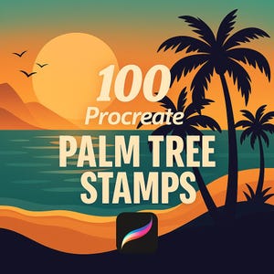 May include: A digital illustration of a tropical sunset with palm trees and a beach. The text "100 Procreate Palm Tree Stamps" is displayed in the center of the image. The Procreate app icon is in the lower right corner.