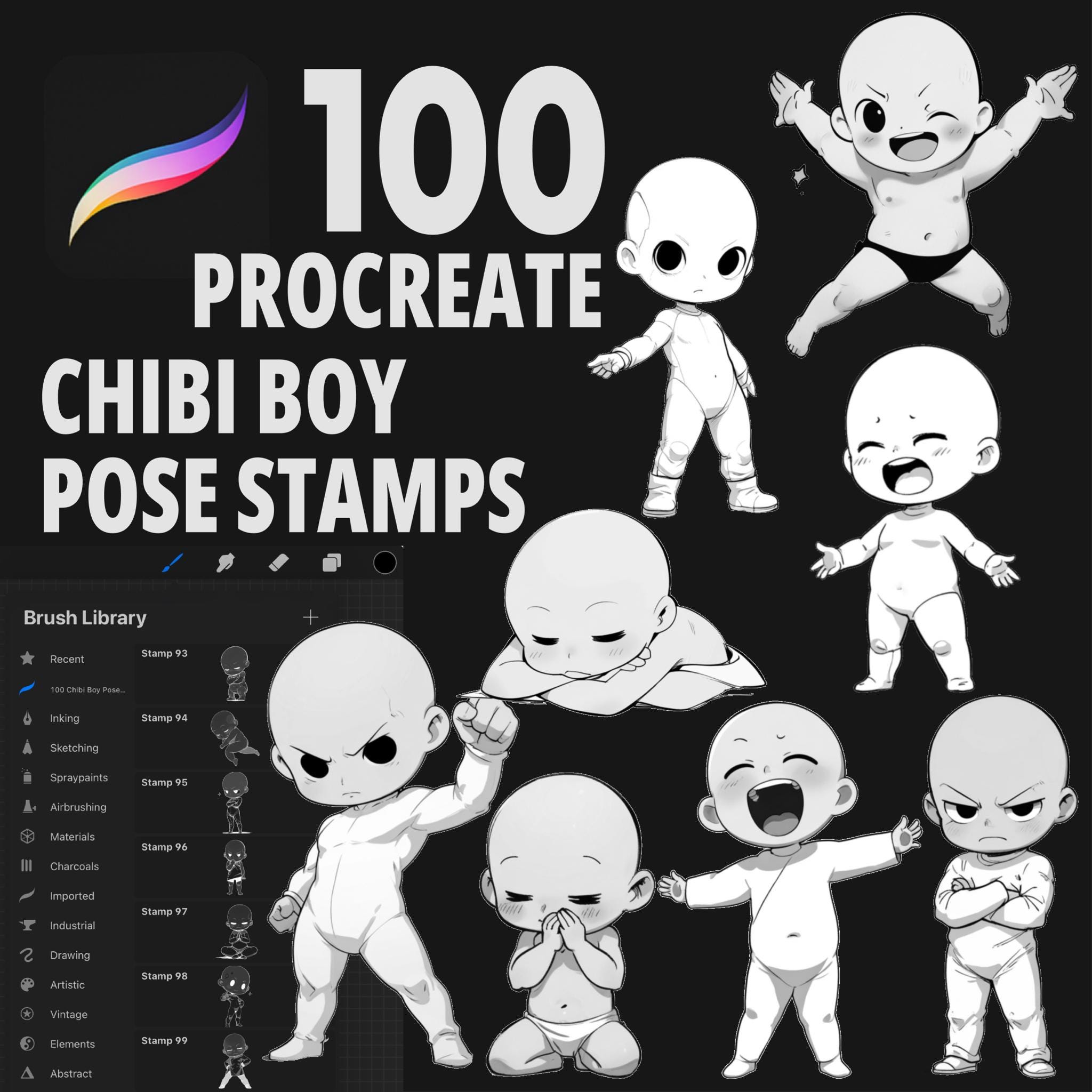 100 Procreate Chibi Boy Pose Stamps – Cute Anime Kawaii Base Brushes for Manga & Comics