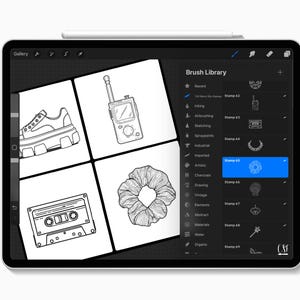 May include: Digital illustration on a tablet screen featuring a shoe, walkie-talkie, cassette tape, and scrunchie. The tablet displays a brush library with various stamp options, including a retro radio and a floral design. A stylus rests at the top.